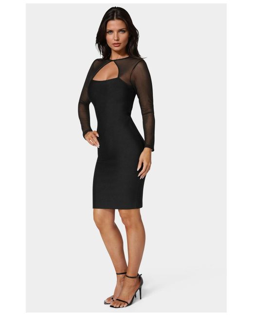 Bebe Black Long Sleeve Mesh Peek A Boo Bandage Dress
