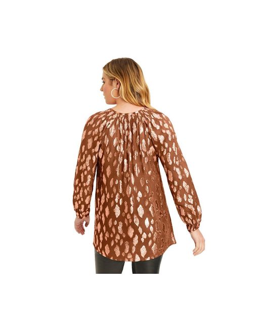 June + Vie Brown June + Vie June + Vie Metallic Print Blouse