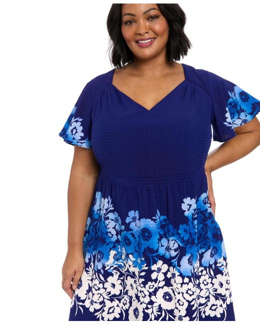London Times Blue Plus Size Placed-floral Flutter-sleeve Dress