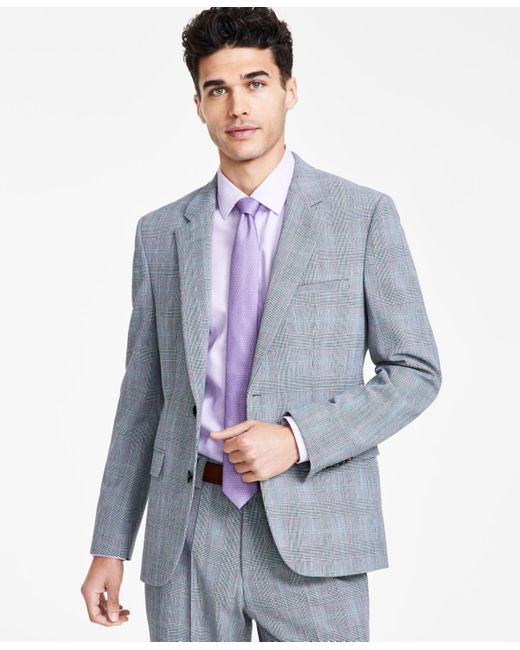 HUGO Blue Boss Slim Fit Gray Plaid Superflex Suit Jacket for men