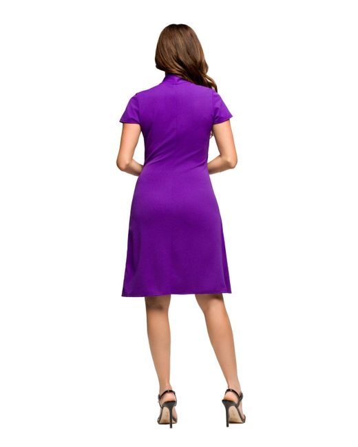 24seven Comfort Apparel Purple Mandarin Collar Knee Length Wrap Dress