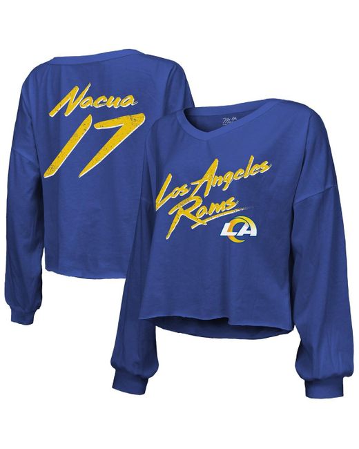 Majestic Blue Threads Puka Nacua Los Angeles Rams Off-shoulder Script Player Name Number Cropped Long Sleeve V-neck T-shirt