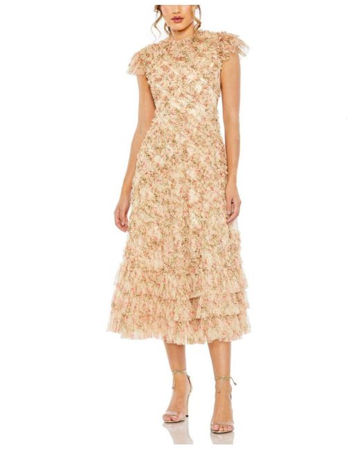 Mac Duggal Natural Ruffle Tiered Short Sleeve A Line Dress