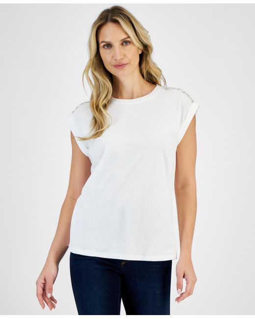 INC International Concepts White Embellished Cotton T-shirt