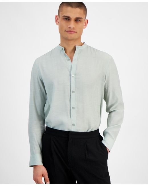Alfani Gray Regular-fit Crinkled Button-down Band-collar Shirt for men