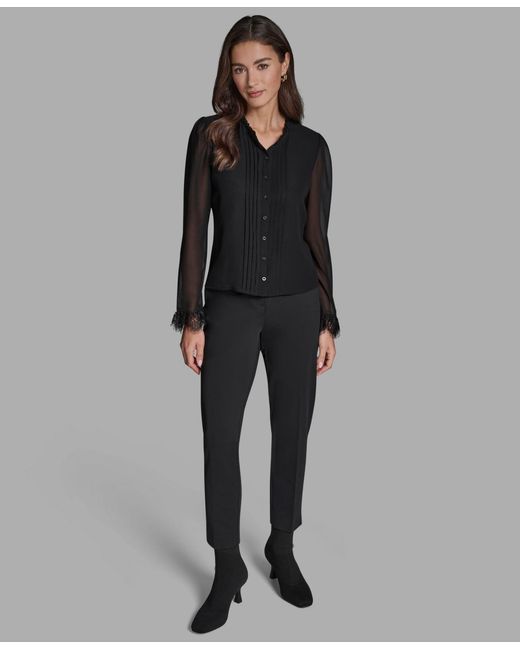 BCBGMAXAZRIA Black Pleated Button-down Blouse