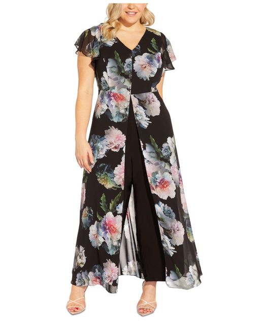 Adrianna Papell Plus Size Floral Chiffon Overlay Jumpsuit in Black | Lyst