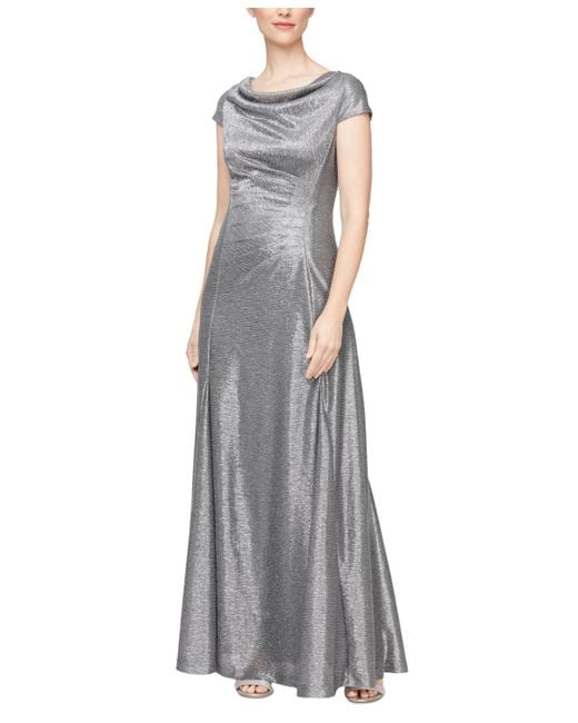 Alex Evenings Gray Metallic Ruched Cowl-back Gown