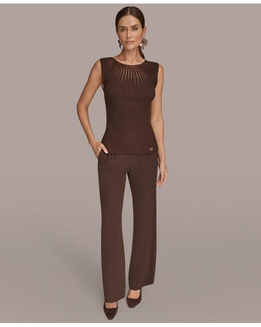 Donna Karan Brown Mesh Detail Sleeveless Knit Top