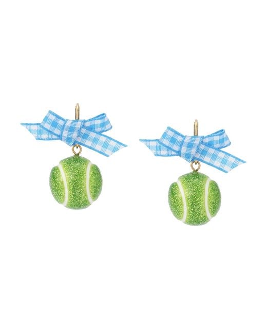 Betsey Johnson Blue Gingham Bow Tennis Ball Drop Earrings