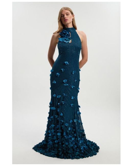 Karen Millen Blue Woven Maxi Rosette Maxi Dress