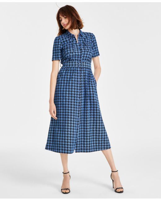 Anne Klein Houndstooth Camp pocket Cotton Midi Dress in Blue Lyst