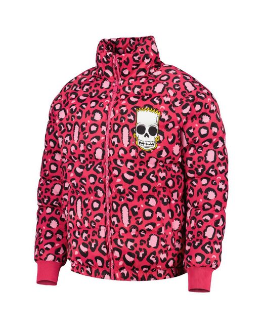 FREEZE MAX Red The Simpsons Bart Leopard Print Raglan Full-zip Puffer Jacket for men