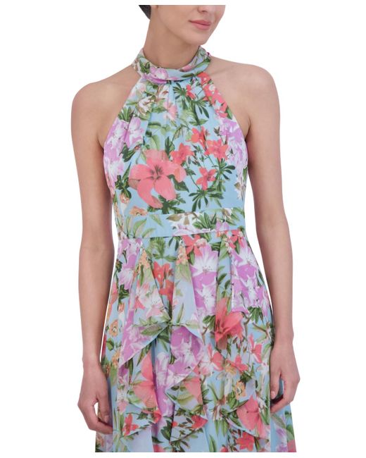 Eliza J White Floral-print Ruffled Halter Maxi Dress