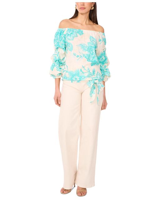 Vince Camuto Blue Floral Linen-blend Off-the-shoulder Bubble 3/4-sleeve Tie-front Blouse