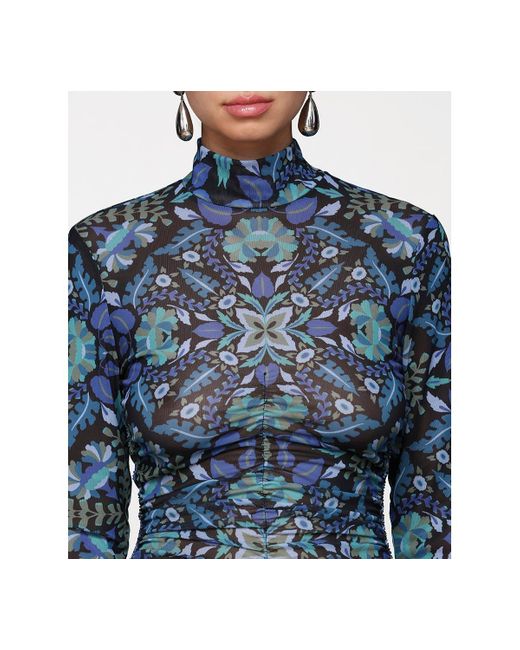 Avec Les Filles Blue Printed Mesh Mock Neck Ruched Top