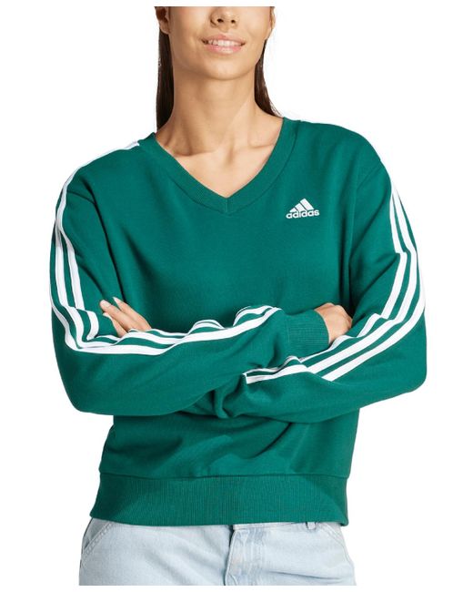 Adidas Green Essential Cotton 3-stripe V-neck Sweatshirt