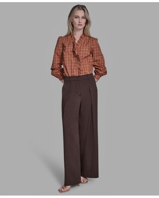 BCBGMAXAZRIA Brown Plaid Button Placket V-neck Top