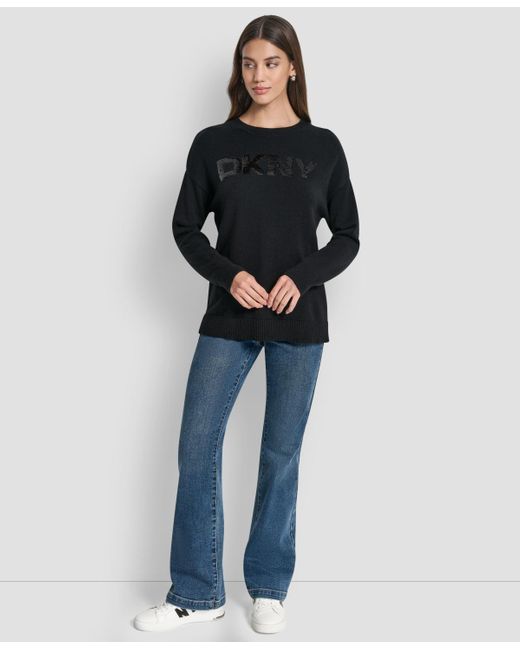 DKNY Black Logo Sequined Long-sleeve Sweater