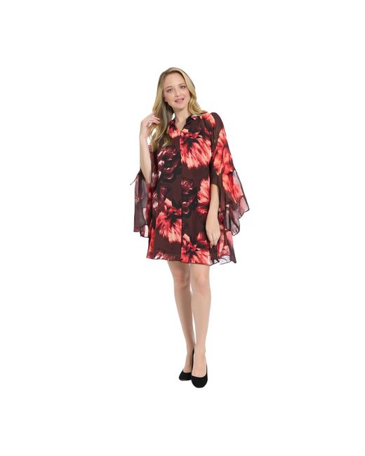 London Times Red V-neck High Low Ruffle Flounce Sleeve Dress