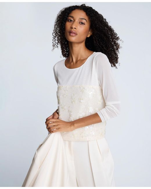 Kenneth Cole White Paillette Mesh Long-sleeve Top