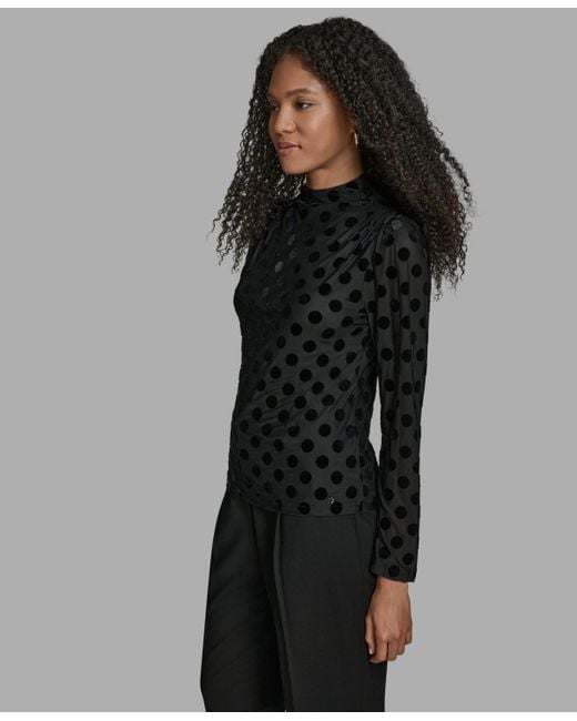 BCBGMAXAZRIA Black Polka Dot Print Long Sleeve Blouse