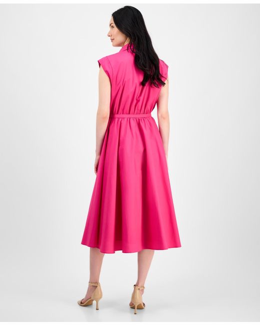 Tahari Pink Spread-collar Button-front Midi Dress