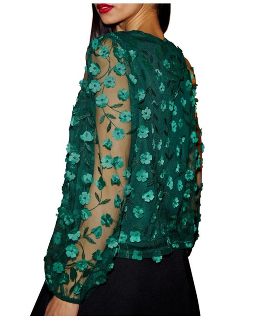Yumi' Green Long Sleeve Sheer Floral Top