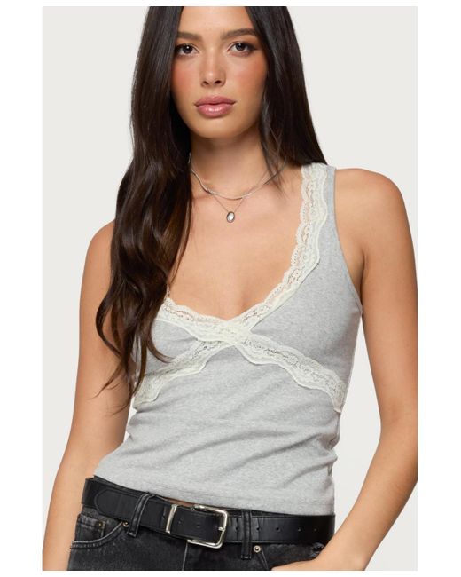 Edikted Gray Oriana Contrast Lacey V Neck Top