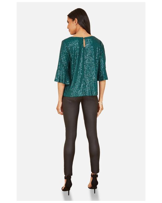 Yumi' Green Fluted Sleeve Sequin Top