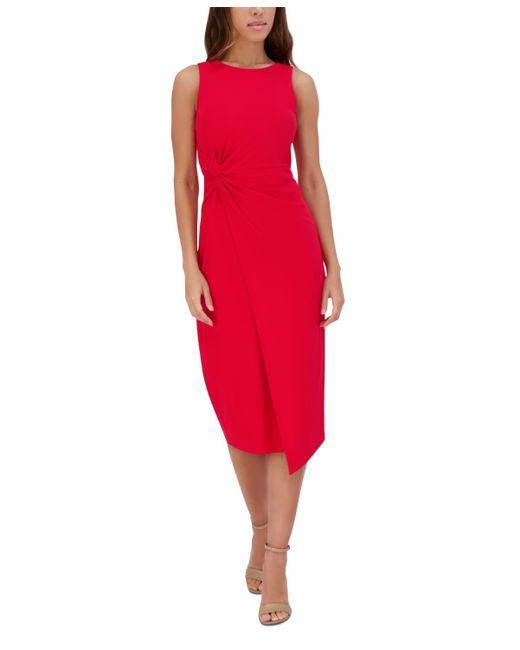 Siena Jewelry Red Ruched Side-twist Sleeveless Midi Dress