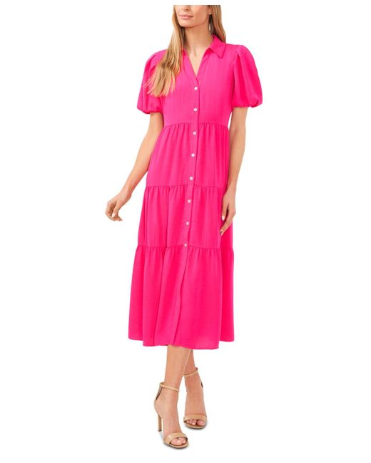 Cece Pink Collared Short-sleeve Tiered Shirtdress