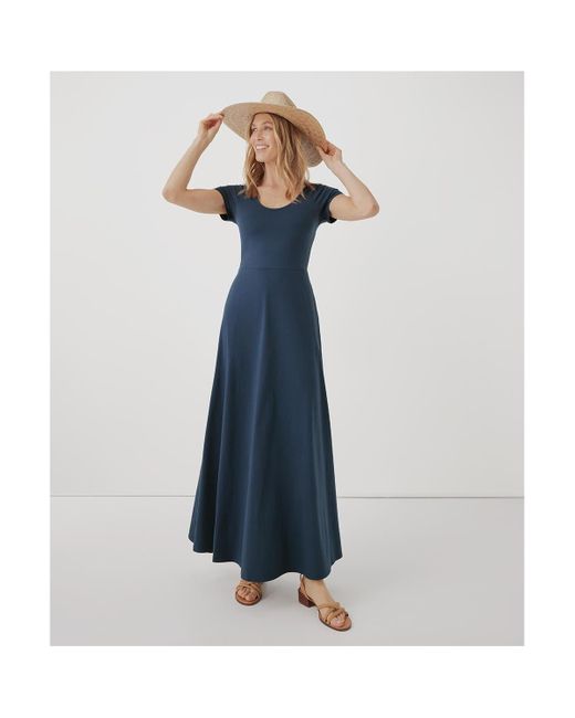 Pact Blue Organic Cotton Fit & Flare Crossback Maxi Dress