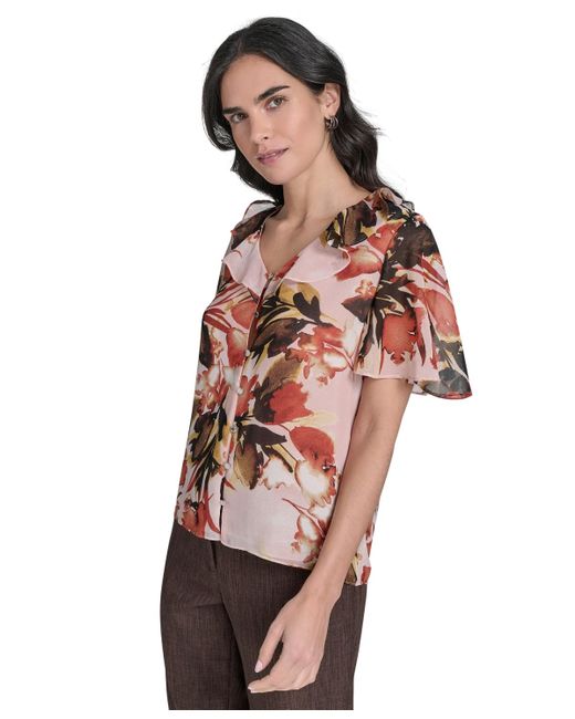 Calvin Klein Red Printed Ruffle-neck Button-front Blouse