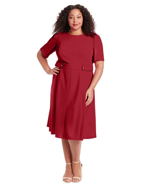London Times Red Plus Size Fit & Flare Scuba Crepe Midi Dress