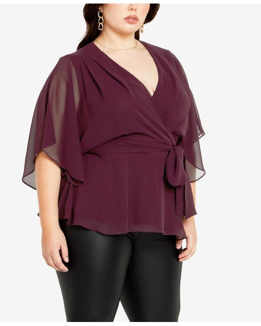City Chic Purple Trendy Plus Size Elegant Faux Wrap Short Sleeve Top