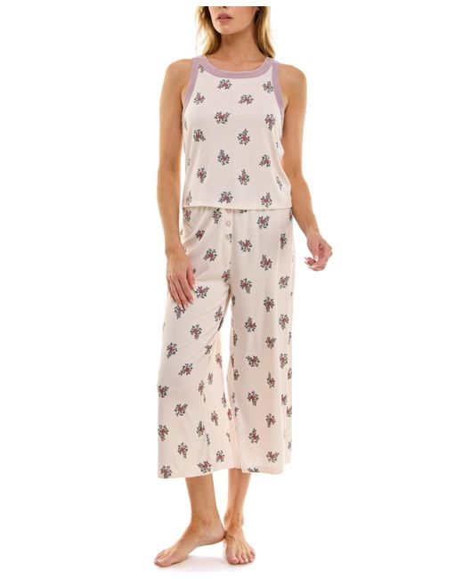 Roudelain White 2-piece Contrast Binding Sleeveless T-shirt And Pajama Set