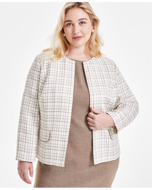 Kasper Natural Plus Size Plaid Tweed Open-front Cardigan Jacket