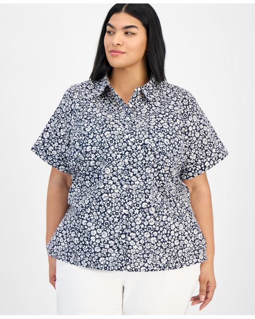 Tommy Hilfiger Blue Plus Size Cotton Ditsy-print Camp Shirt
