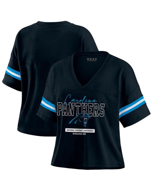WEAR by Erin Andrews Blue Carolina Panthers Color Block Boxy Modest Crop V-neck T-shirt