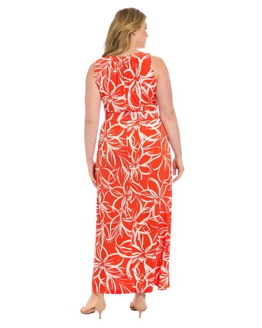London Times Red Plus Size Floral-print Halter-neck Maxi Dress