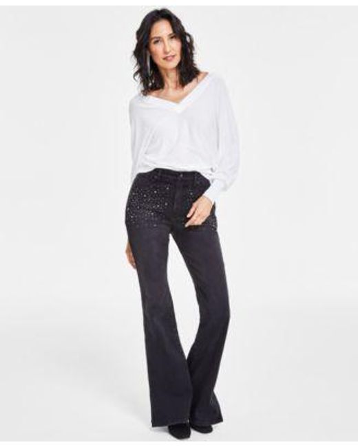 INC International Concepts White Double V Neck Sweater High Rise Rhinestone Studded Flare Jeans Created For Macys