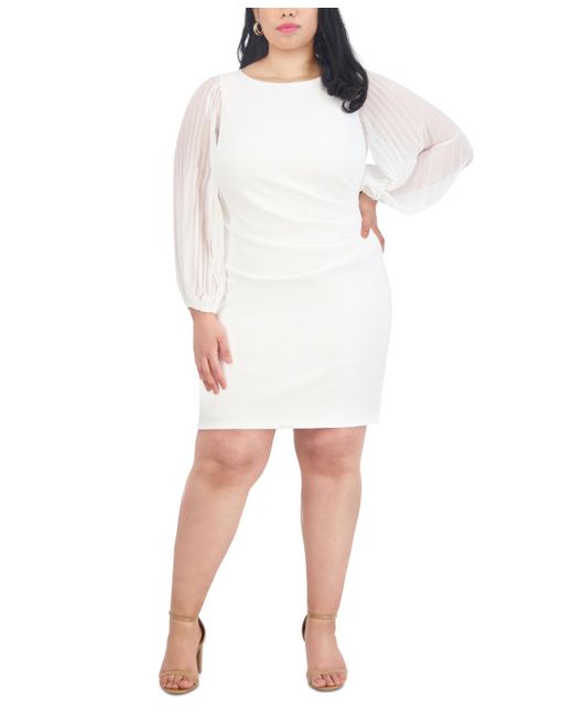 Jessica Howard White Plus Size Pleated-chiffon-sleeve Sheath Dress