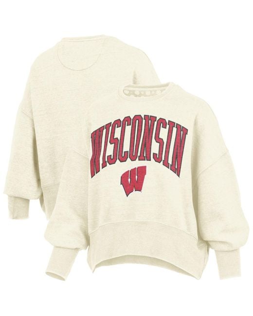 Pressbox White Wisconsin Badgers Oversized Waist-length Crewneck Sweatshirt