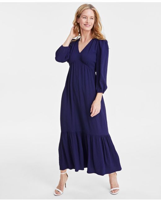 Anne Klein Blue V-neck Long-sleeve Midi Dress