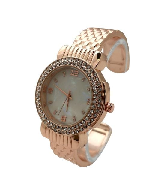 Olivia Pratt Metallic Round Face Rhinestone Bezel Bangle Watch
