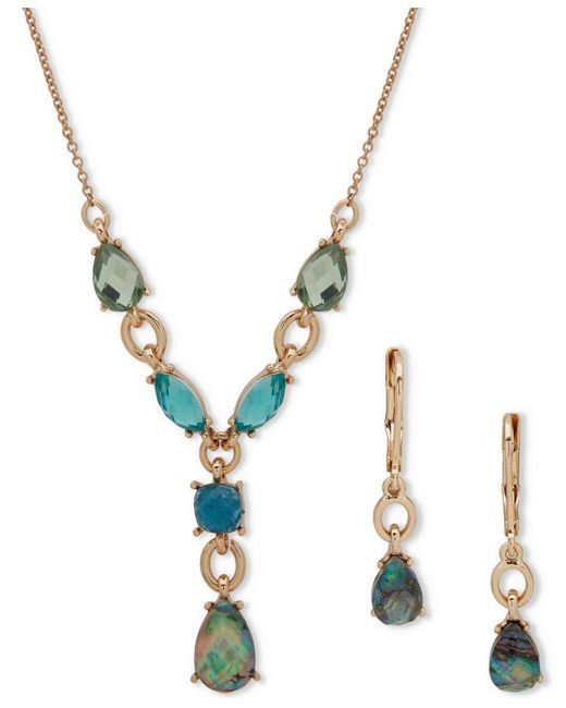 Anne Klein Metallic Gold-tone Crystal Lariat Necklace & Drop Earrings Set