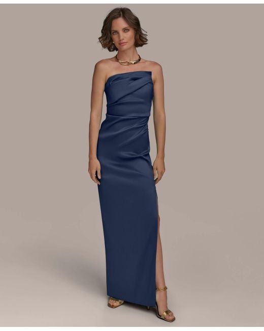 Donna Karan Blue Ruched Strapless Gown