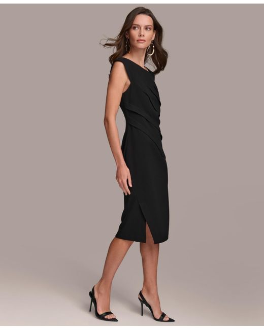 Donna Karan Black Asymmetric Neckline Pleat-waist Sheath Dress