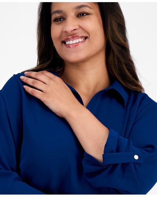 Anne Klein Blue Plus Size Collared V-neck Roll-tab-sleeves